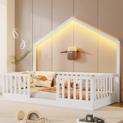 Twin Floor Bed with High Rails, Wooden Montessori Bed with Light for Kids, Boys and Girls, White(Old SKUW2593P440594 Expect Arrival Date 2026/6/30)