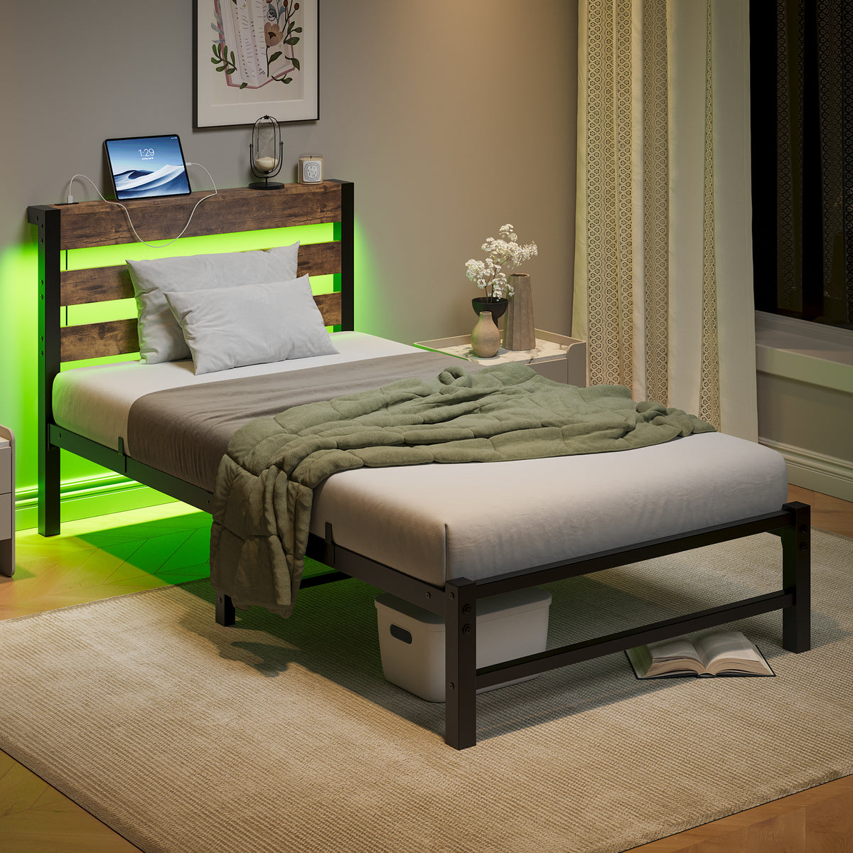 Beige+Brown Twin Size Bed Frame Heavy Duty Platform Bed Frame