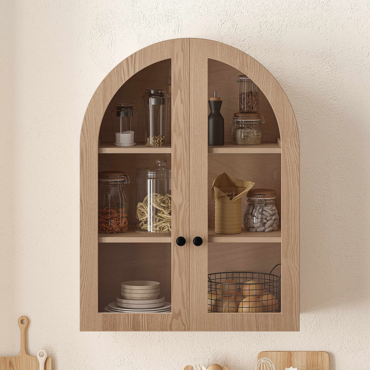 Light Brown Wood Veneer Wall Storage Cabinet with Tempered Glass Doors