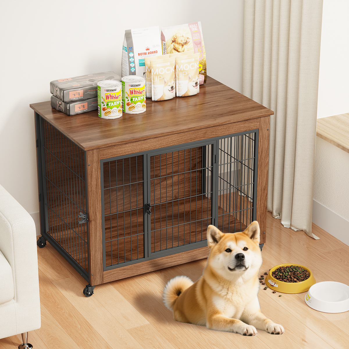 Brown Dog Crate Furniture with Wheels for Small Dogs