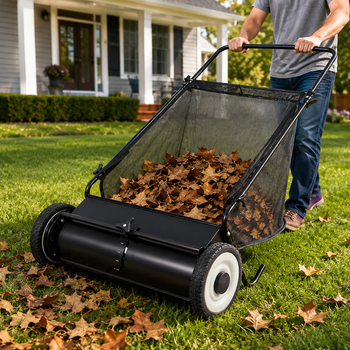 Black 26-Inch Push Lawn Sweeper with 7 Cu. Ft. Large Hopper Capacity
