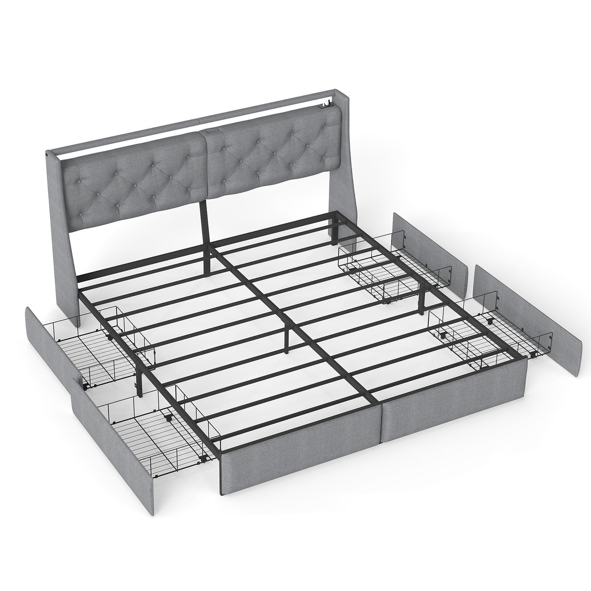 Grey Upholstered Platform Bed Frame with RGB LED Lights