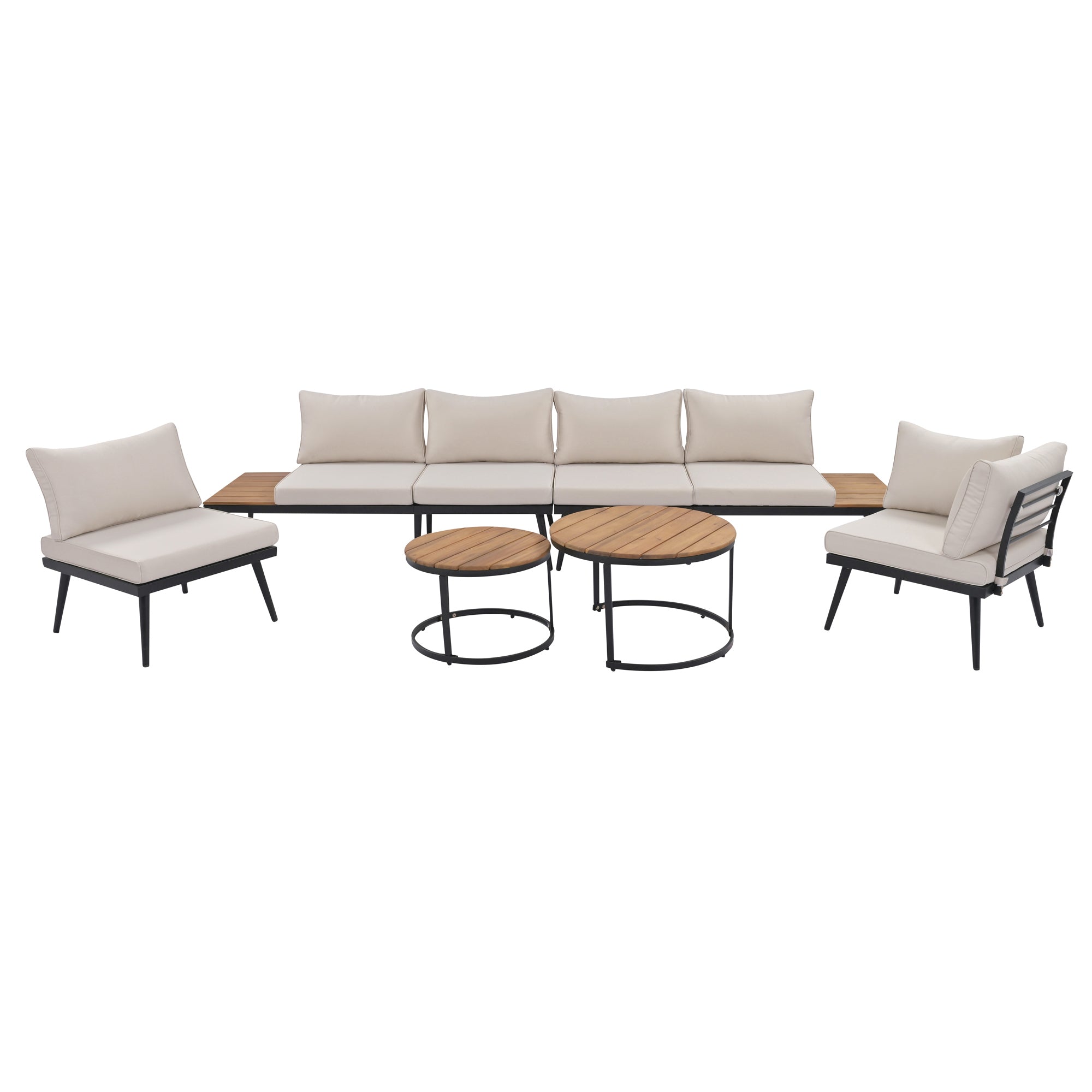 TREXM Modern Outdoor Sectional Sofa Set with Nesting Coffee Tables, Beige Fabric Upholstery on Acacia Wood and Powder-Coated Steel Frame, 6-Piece for Patio, Porch, Garden
