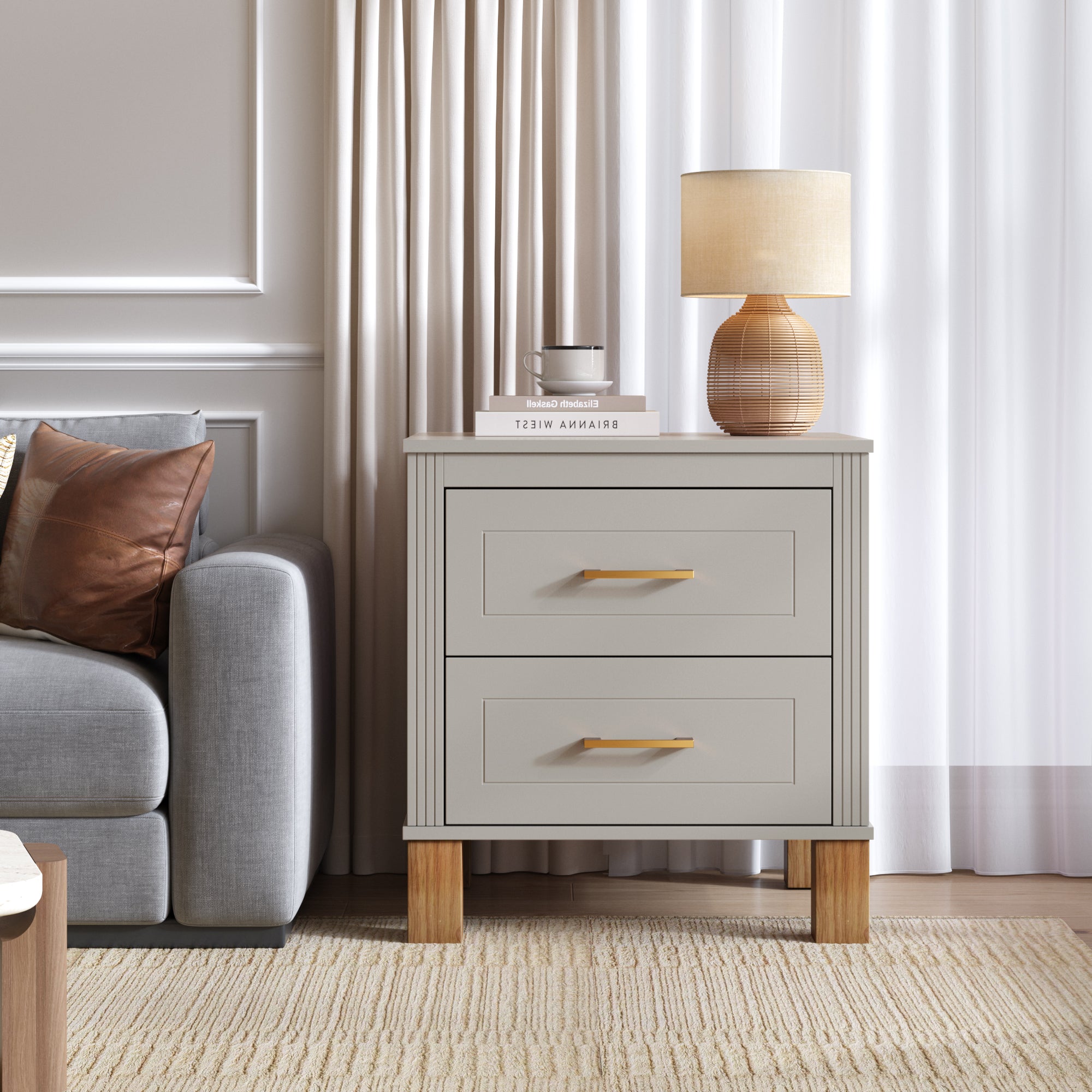 2 Drawer Nightstand, Premium Wood Storage with Elegant Fluted Design, Solid Wood Legs Nightstand with Metal Handle, Tall Bedside Table for Bedroom Living Room,Gray