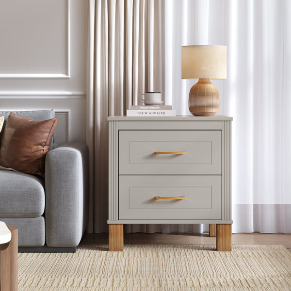 2 Drawer Nightstand, Premium Wood Storage with Elegant Fluted Design, Solid Wood Legs Nightstand with Metal Handle, Tall Bedside Table for Bedroom Living Room,Gray