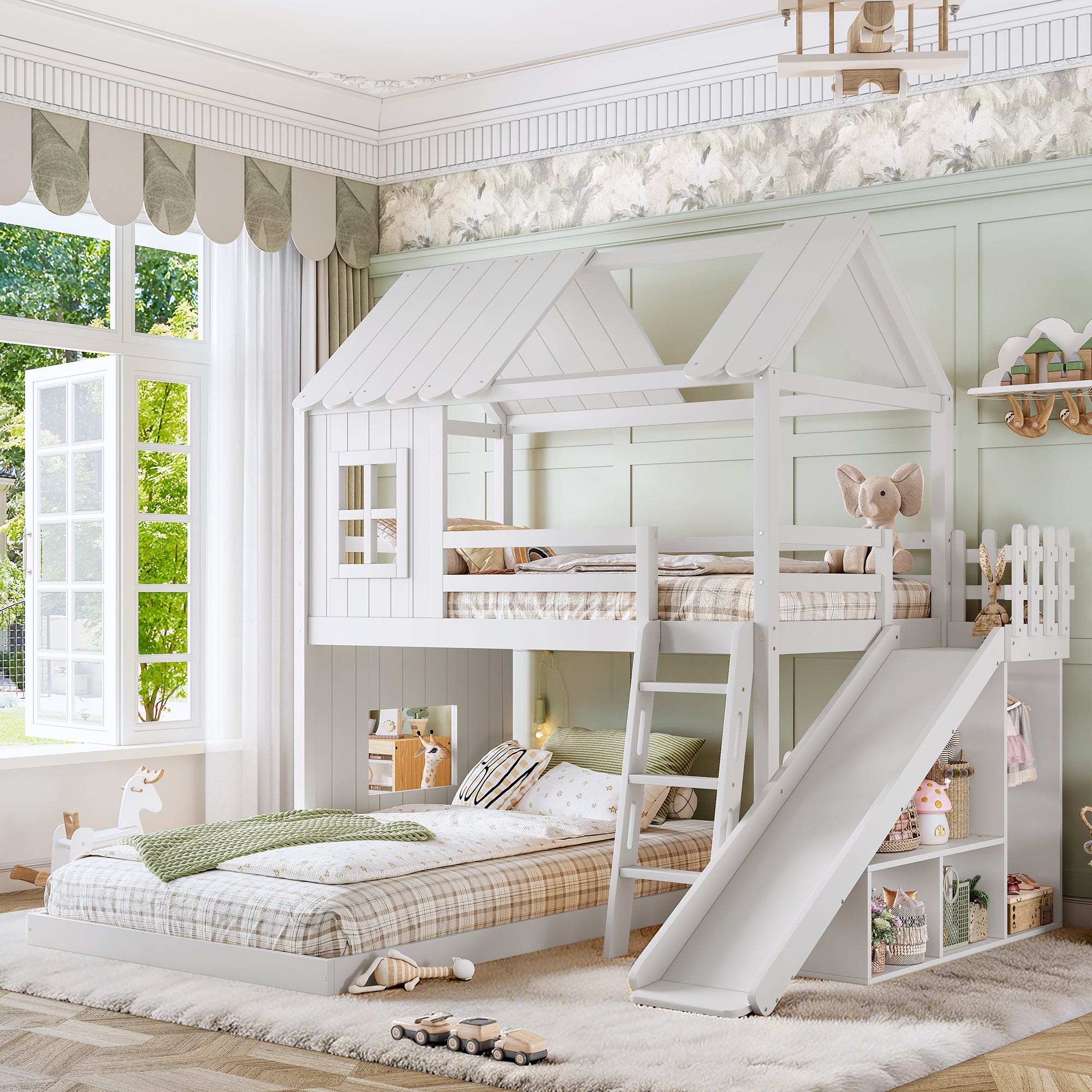 Twin over Full House Bunk Bed with Ladders and Slides, House Floor Bunk Bed with Storage Shelves and Wardrobe, Playhouse Design, White