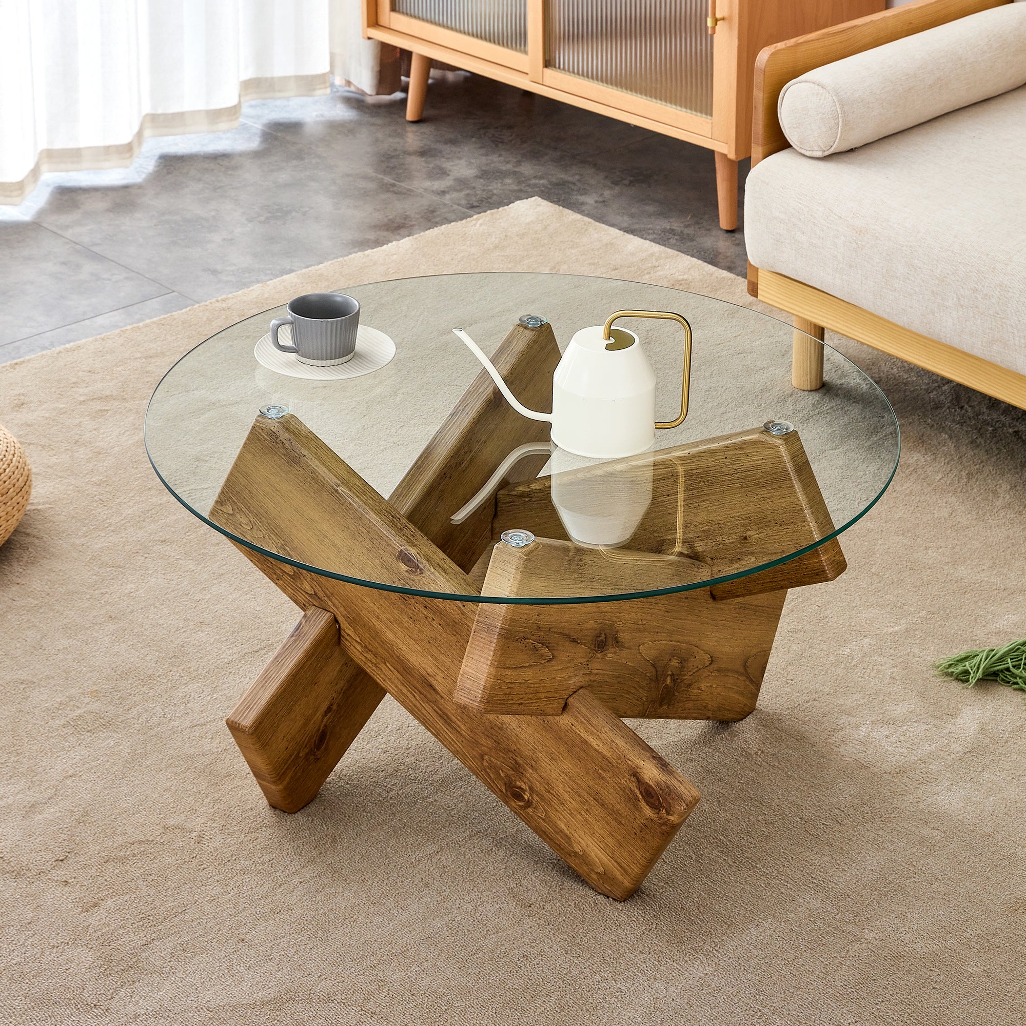 Circular glass coffee table, 33.4-inch modern and distinctive design tea table. Tempered glass countertop, wood colored MDF table legs. Suitable for living rooms and farmhouses