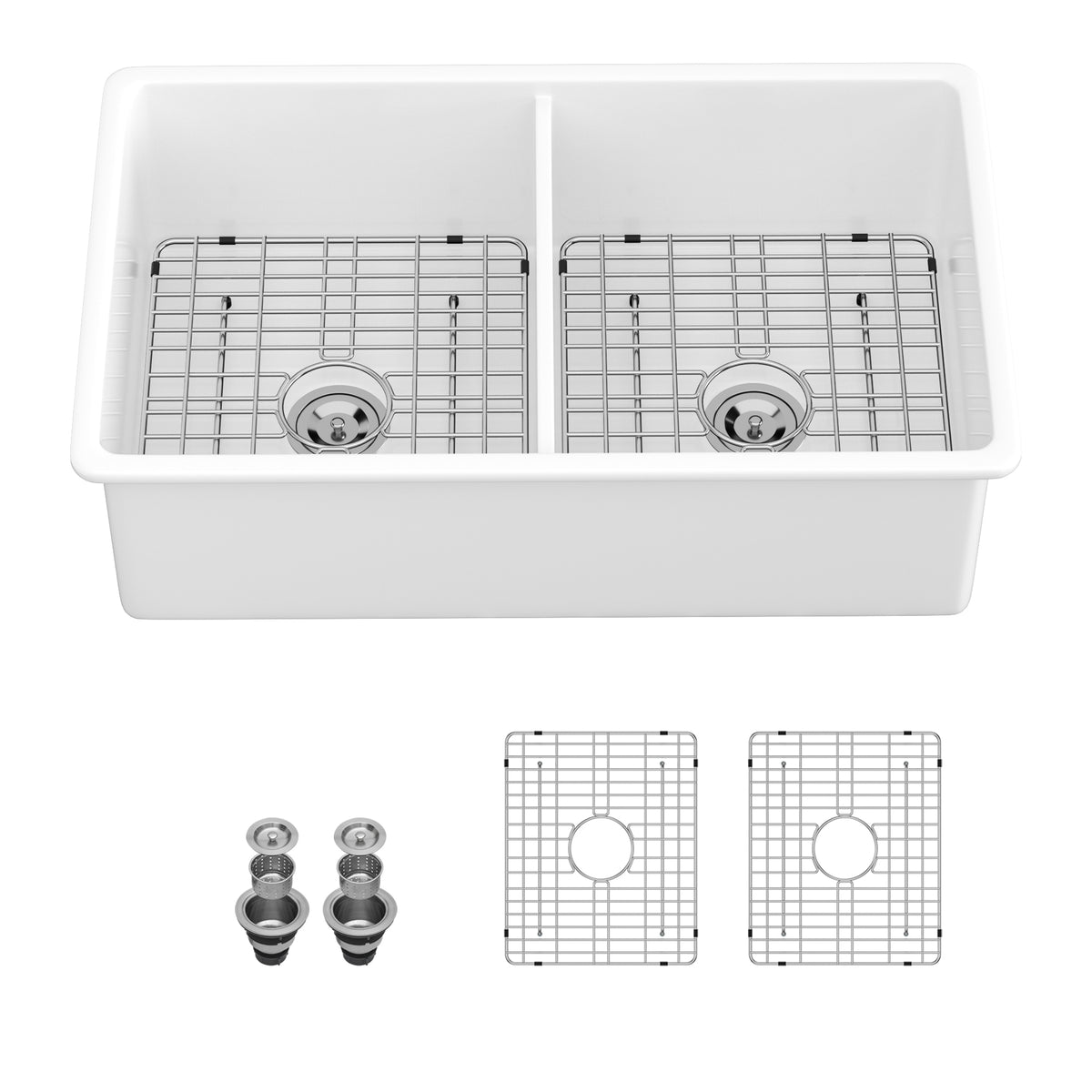 White Porcelain Fireclay Double Bowl Sink 32x19x10 Inch Undermount Rectangular Deep Basin with Stainless Steel Grids