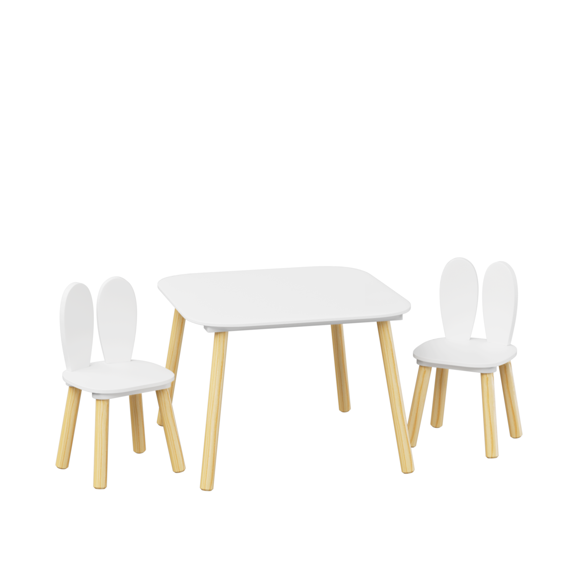 Rabbit Themed Kids Table and 2 Chairs Set, White Solid Wood & MDF Play Table with Rounded Edges, 3-Piece Toddler Furniture for Children's Room or Playroom
