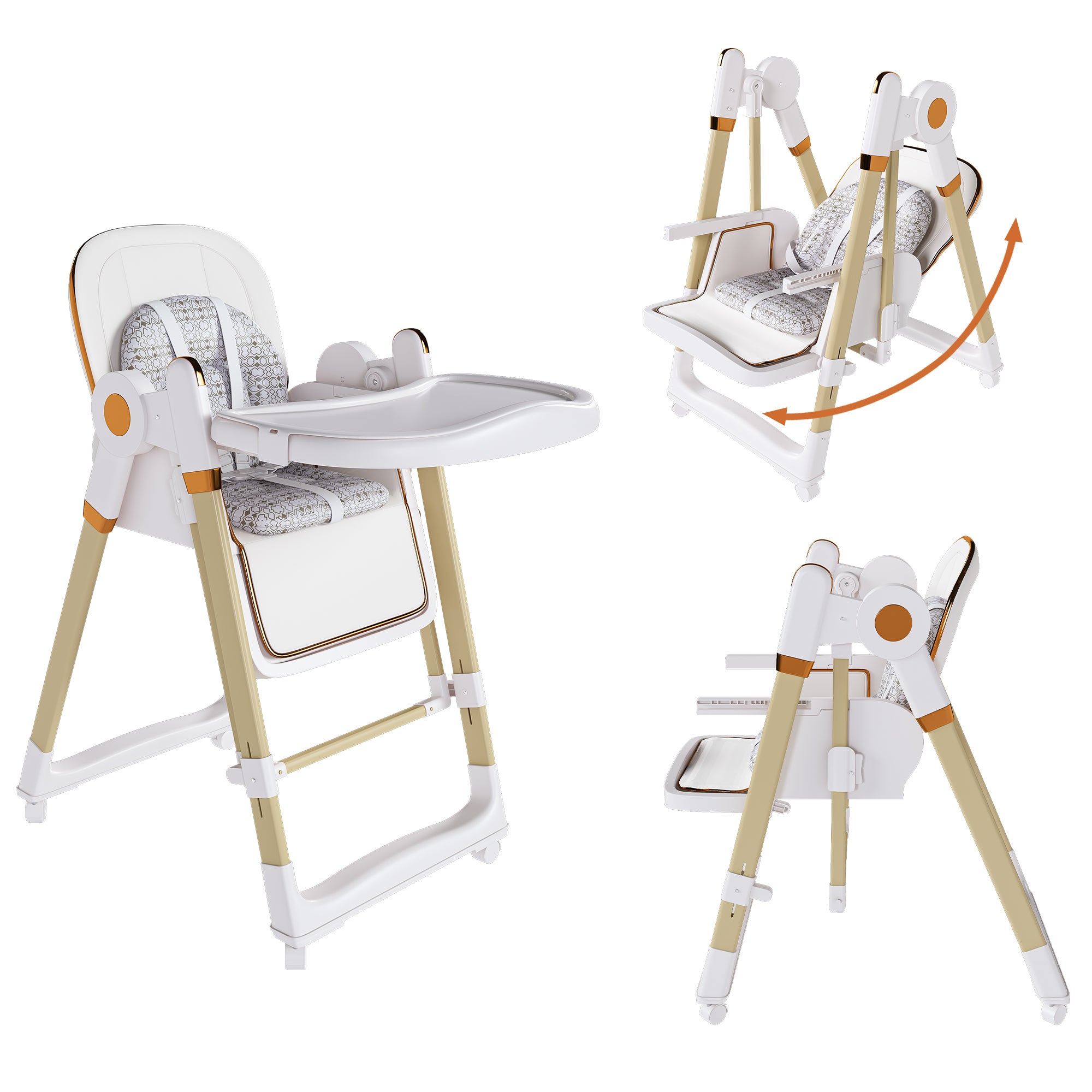 Convertible Baby High Chair to Rocker with 5-Point Harness, Foldable Infant Feeding Chair in White with Removable 2-Tier Easy-Clean Tray for 6M-3Yrs