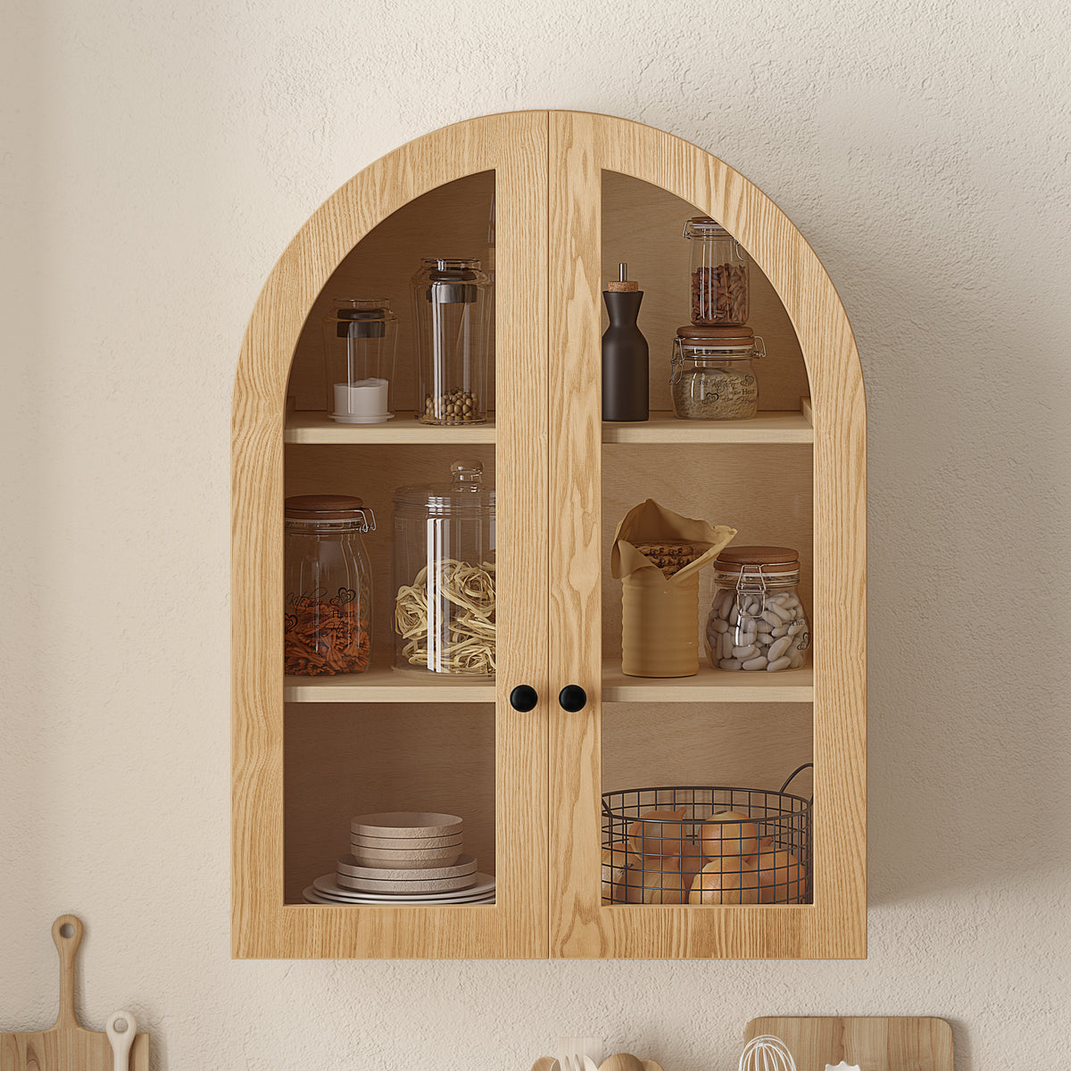Natural Wood Veneer Wall Storage Cabinet with Tempered Glass Doors