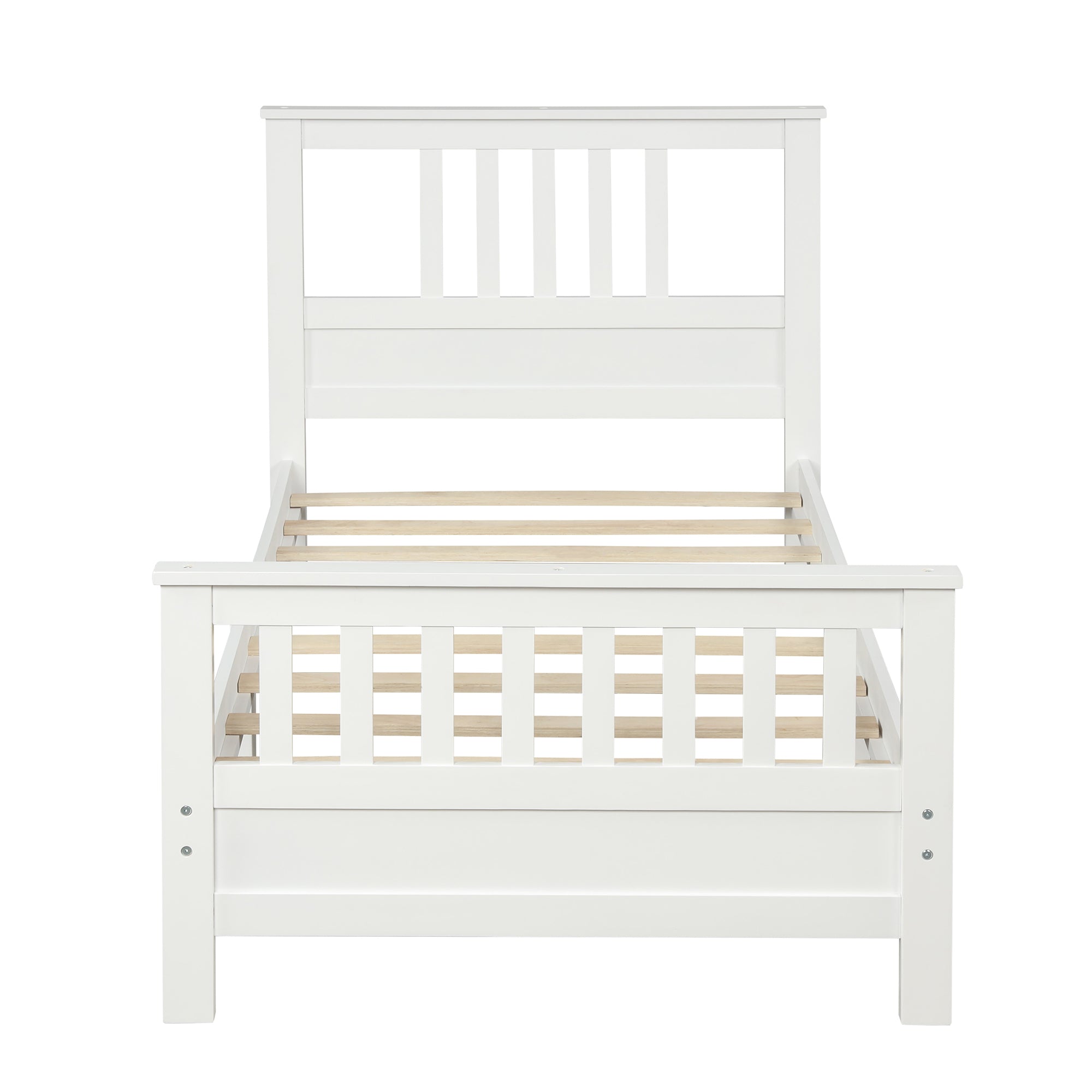 White Pine Wood Platform Bed with Paneled Headboard and Footboard, Twin Size, Solid Wood Frame with 10 Slats