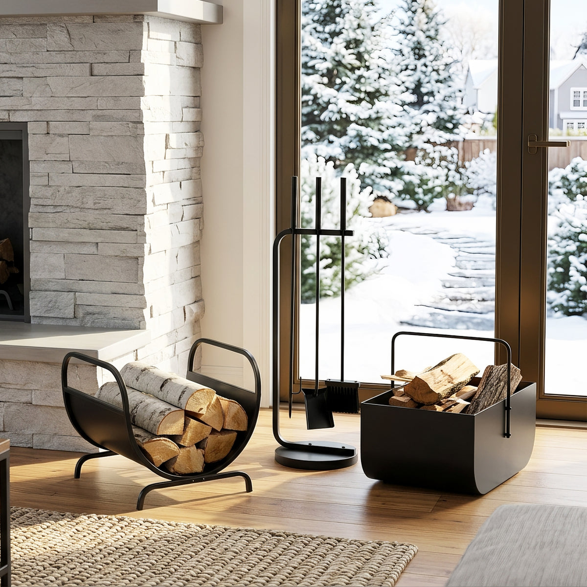 Black Firewood Storage Bucket and Complete Fireplace Tools for Home