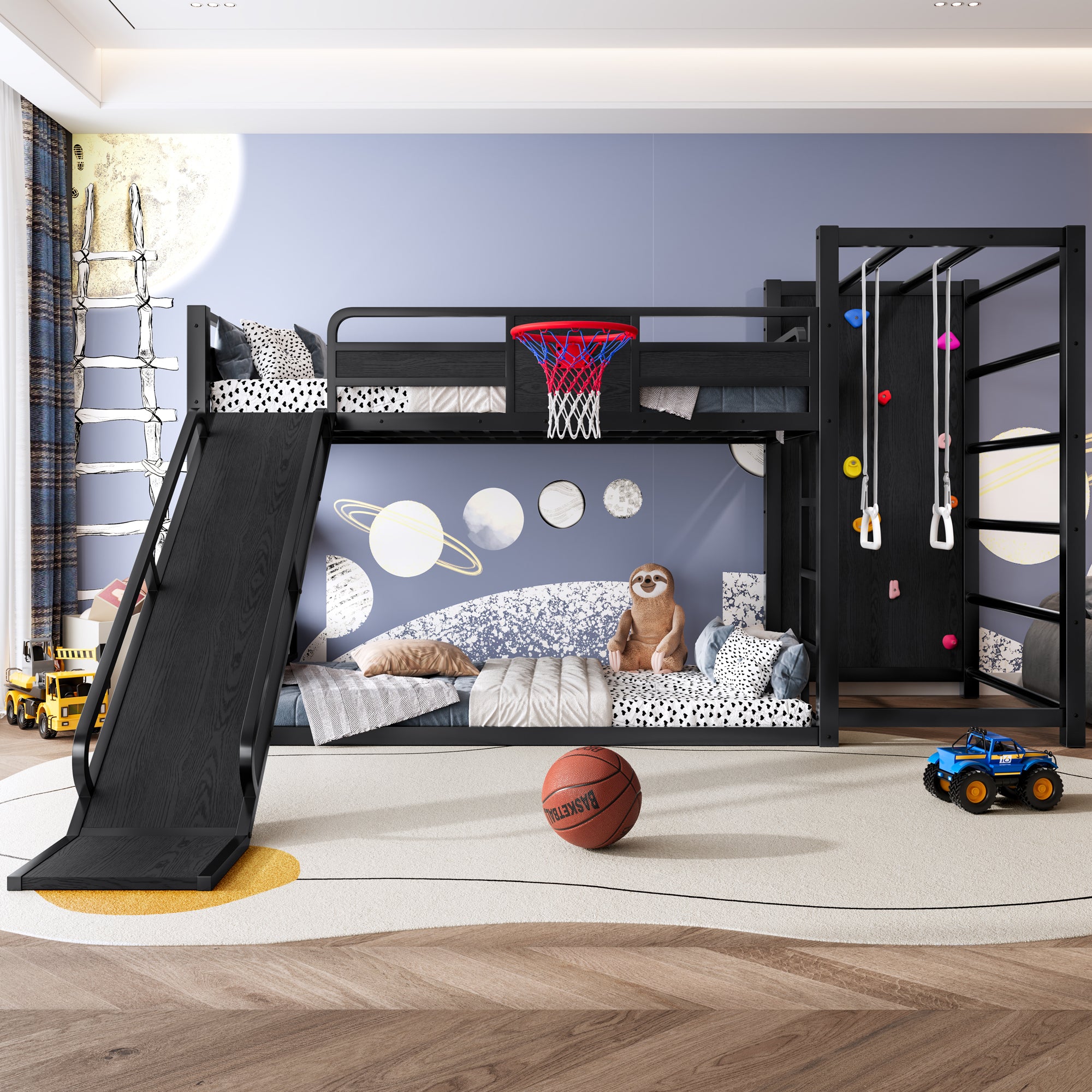 Twin size metal loft/bunk bed with basketball hoop, pull-up rings, climbing wall, and built-in bookshelves. Playful children's design featuring a slide,Black.