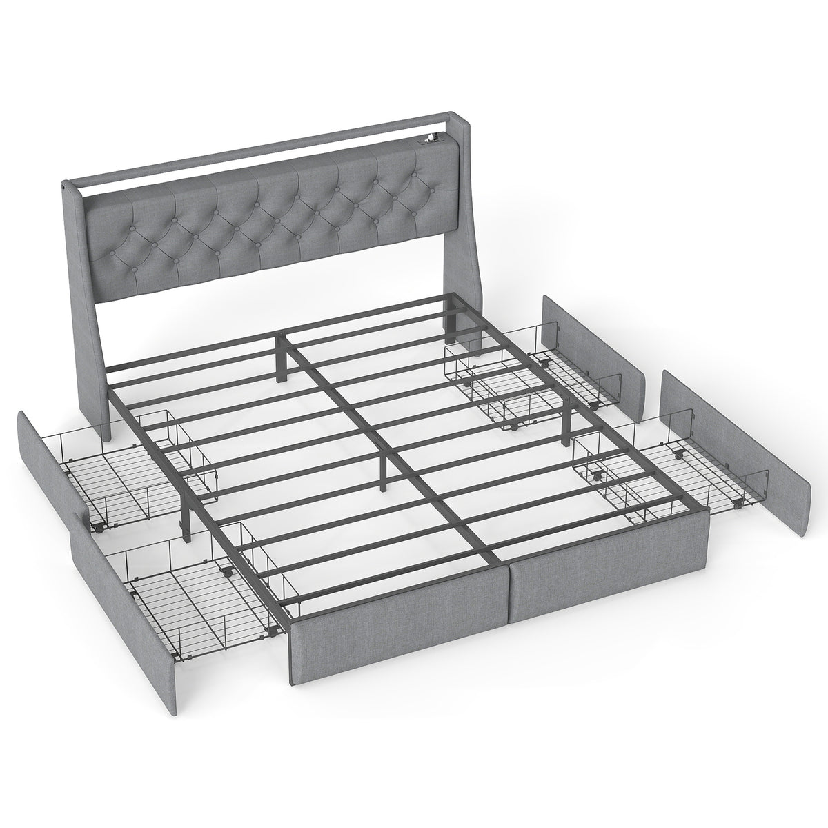 Grey Upholstered Queen Size Platform Bed Frame with RGB LED Lights