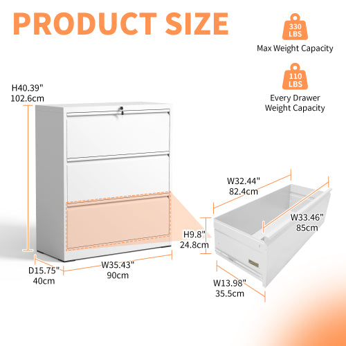 3 Drawer Lateral File Cabinet, 35.4 Inch Wide Metal Filing Cabinet