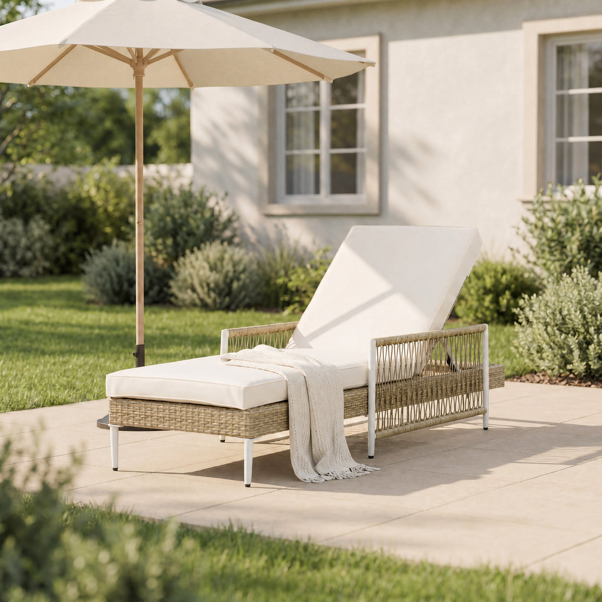 Beige Minimalist Patio Wicker Lounge Chair with 6 Gear Adjustable