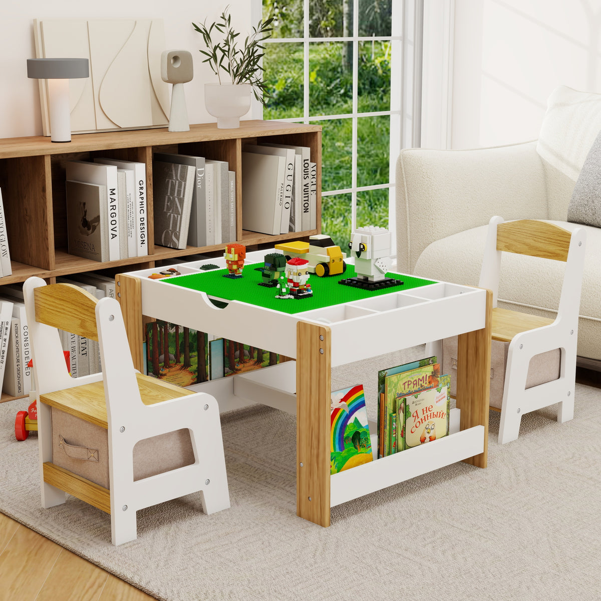 White+Green Kids 2 in 1 Play Table & 2 Chairs Set