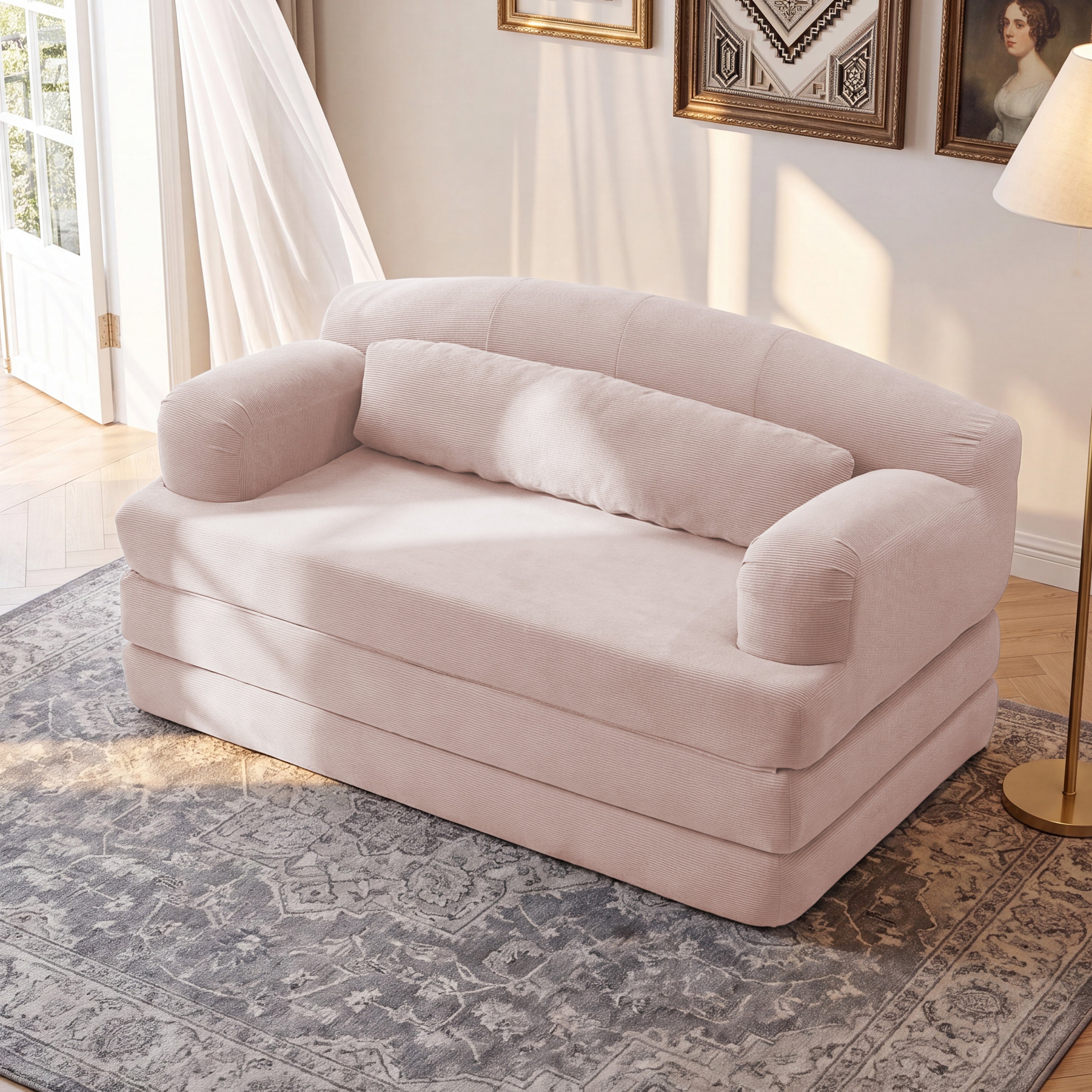 Foldable Corduroy Loveseat Sleeper Sofa Bed - High-Density Foam Convertible Couch(Pink)