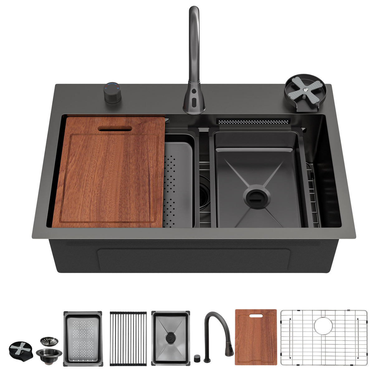 Gunmetal Black Waterfall Kitchen Sink with Pull-Out Faucet and Cup Washer, 31.5 x 21 inch, 16 Gauge Stainless Steel