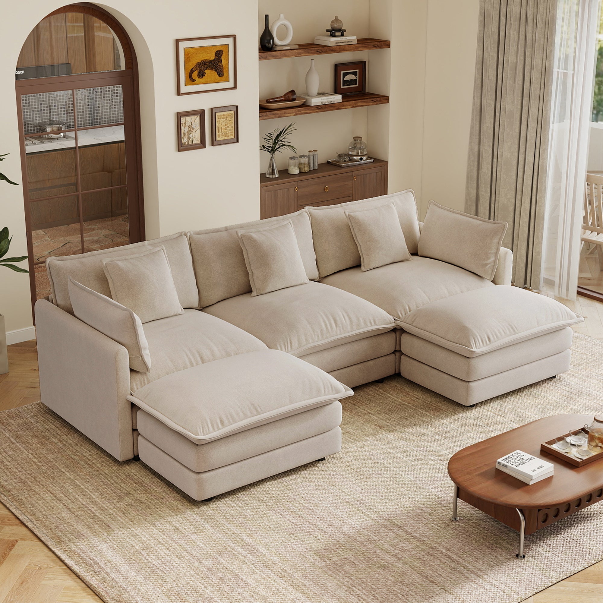 U-Shaped Sectional Sofa with Reversible Ottman,3-seater Sofa with 2 Ottmans,Modern Minimalist Soft Sofa Couch for Living Room,Light coffee Chenille