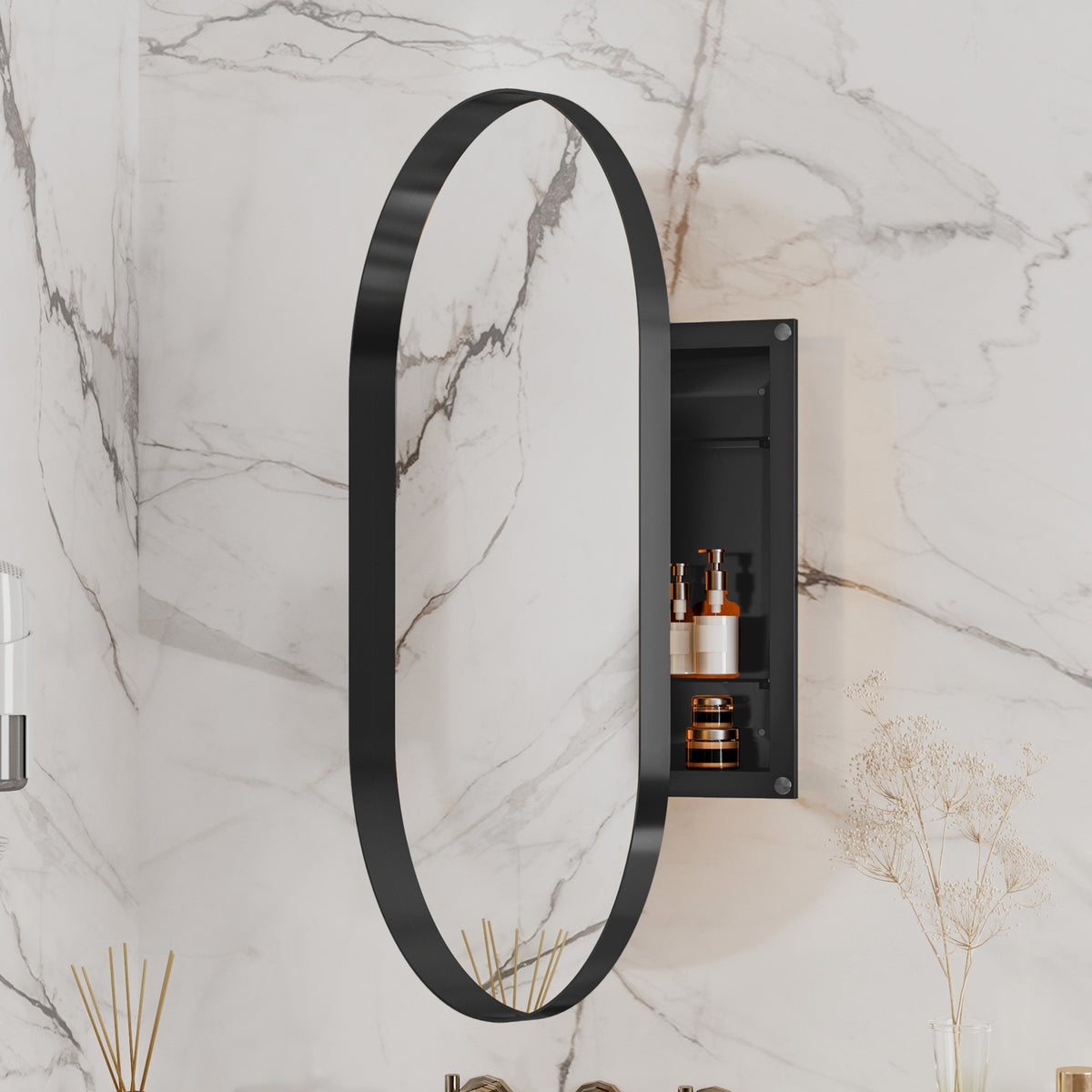 Matte Black Metal Framed Bathroom Wall Cabinet with Mirror