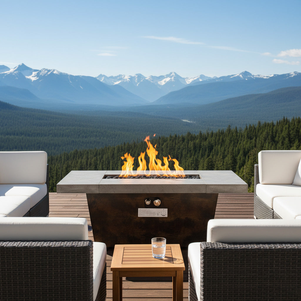 Brown Rectangle Fire Pit Table with Cement-Imitating Texture Effect