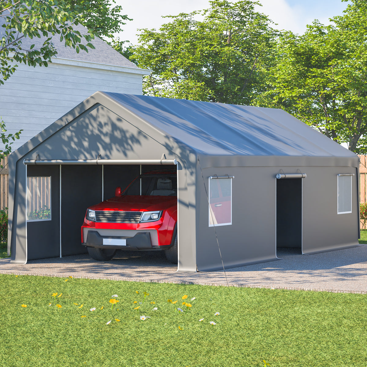 Gray 13x26 FT Heavy Duty Carport Canopy with 2 Roll-Up Doors + 1 Side