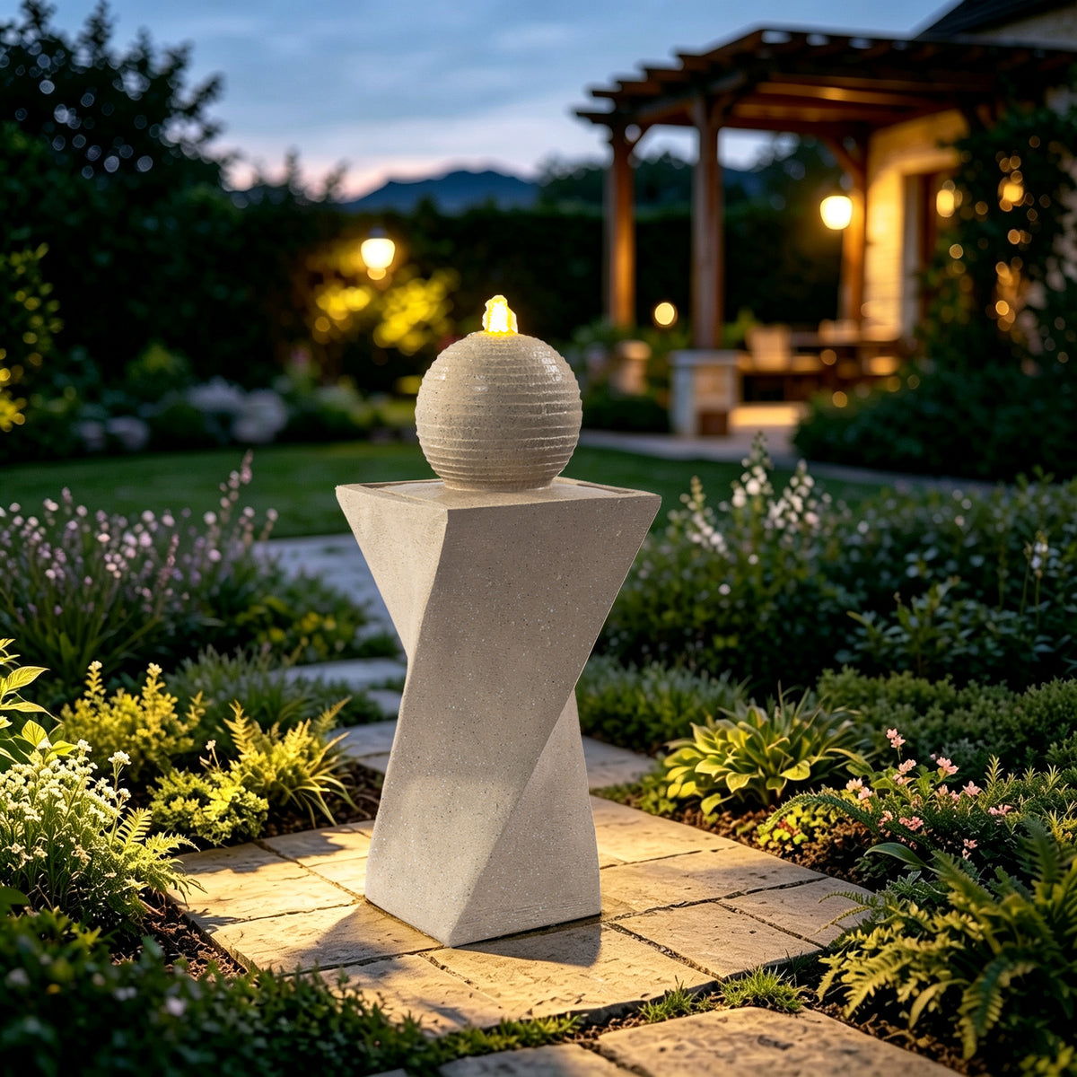 Sand Beige Resin Outdoor Garden Fountain with Sphere Top